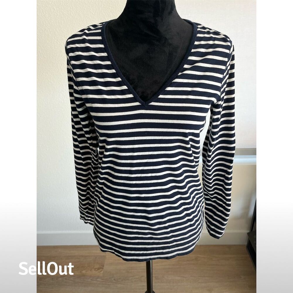 Ralph Lauren Jeans Co. Women's Striped V-Neck Long Sleeve Top Blue M
